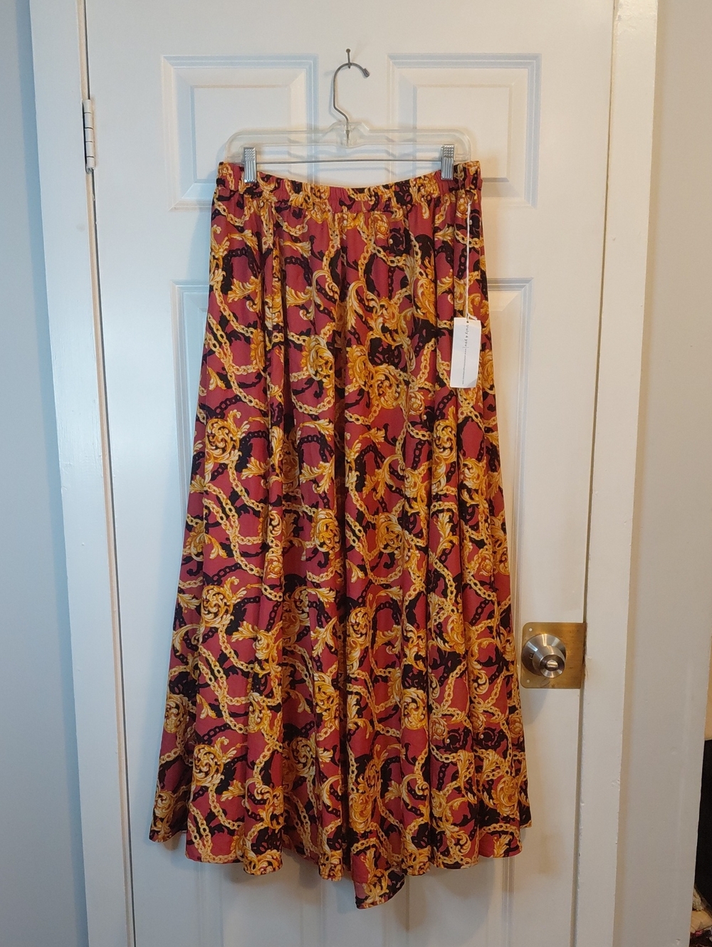 Women's Burgundy Maxi Skirt with Gold Chain Print